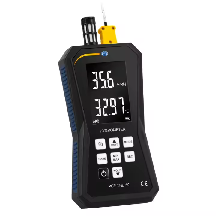 PCE Instruments Termohigrómetro con conexión para termoelemento tipo K / Rango: -20 ... +60 ºC Acumulador recargable / Interfaz de datos micro USB / Software / Memoria para 32 000 valores  / Opcional: Certificado de calibracion ISO  PCE-THD 50 - 1