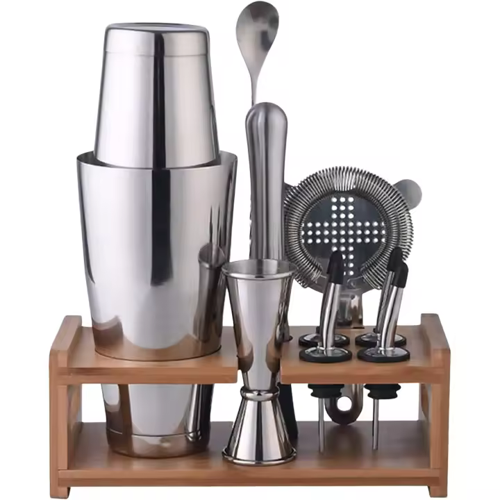 ACCOUTREMENT - Juego de cóctel – Coctelera – Kit de camarero profesional de 10 piezas con coctelera, colador, mezclador, jigger, cuchara, soporte de bambú, vertedores – Boston Shaker Set de acero - 1