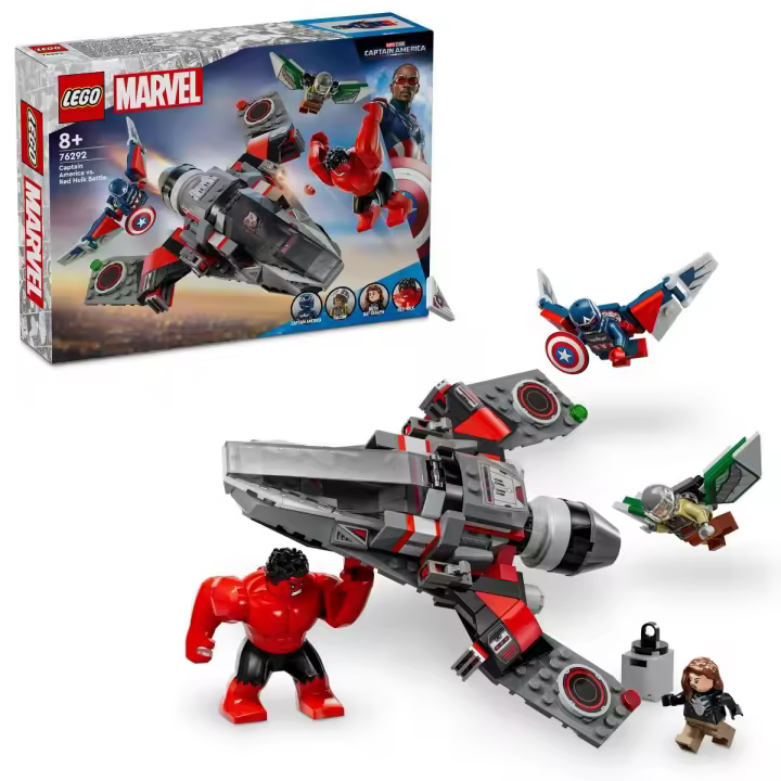 LEGO Marvel Batalla entre el Capitán América y Hulk Rojo, Avión Caza a Reacción de Juguete para Niños y Niñas de 8 Años o Más, Juguetes de Superhéroes con Figuras de Falcon y Ruth Bat-Seraph 76292 - 1