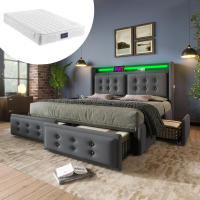 Cama Doble Tapizada 140x200 cm Gris Algodón-Cabecera LED with Carga USB Typo-C, 4 Cajones de Almacenamiento, Base de Listones de Madera + Marco Metálico Robust (300 kg de Carga, con Colchón Includo - details 2