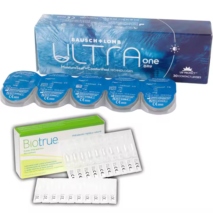 ULTRA ONE DAY Lentes de Contacto Diarias – 30 Unidades + Biotrue Monodosis Gotas Oculares 30x0,5 ml | Advanced MoistureSeal | Tecnología ConfortFeel | Confort e Hidratación Avanzada | Sin Conservantes | Alivio para Ojos Secos | Compatible con Lentillas - 1