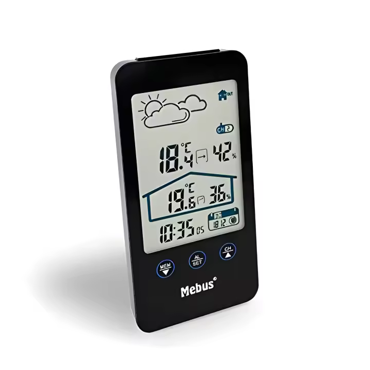 Estación Meteorológica Mebus con Sensor Exterior | Temperatura y Humedad | Pronóstico del Tiempo | Fases de la Luna | Display Iluminado | Despertador | Negro | Modelo 11908 | Altura 16 Cm - 1