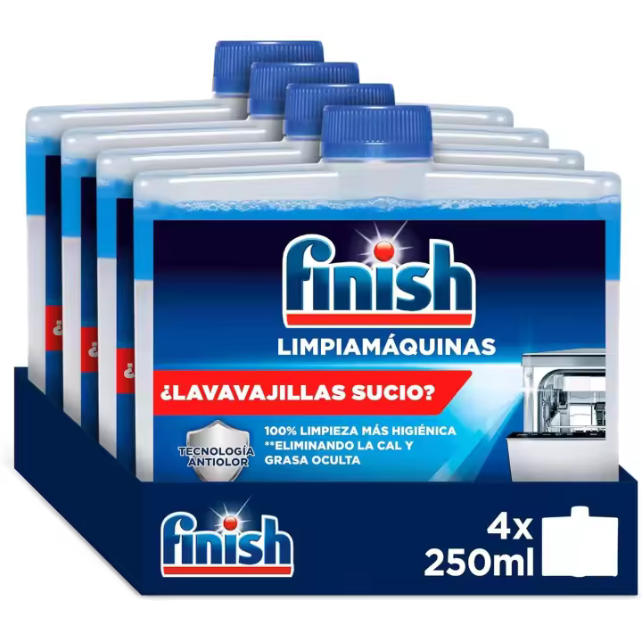 Finish Liquido para Lavavajillas - Pack de Ahorro de 4 x 250 ml - Limpiador Líquido Contra Cal y grasa para un lavavajillas limpio - 1