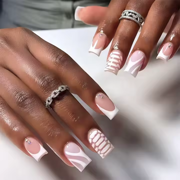 24 PCS Uñas Postizas Francesas Minimalistas De Cuadrado Corto Con 1 Archivo Y 1 Pegamento De Gel Uñas De Resina Unisex - 1