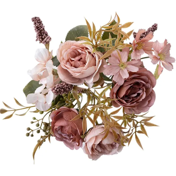 Flores artificiales de peonía vintage de seda de color amarillo polvoriento para centros de mesa de ramos de boda hechos a mano de 1 pieza (rosa) - 1