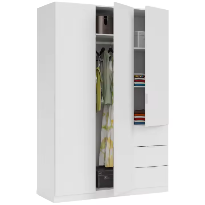 Armario Ropero Habitación Dormitorio Grande con 3 Puertas y 3 Cajones Color Blanco Mate 200x135x52 cm - 1