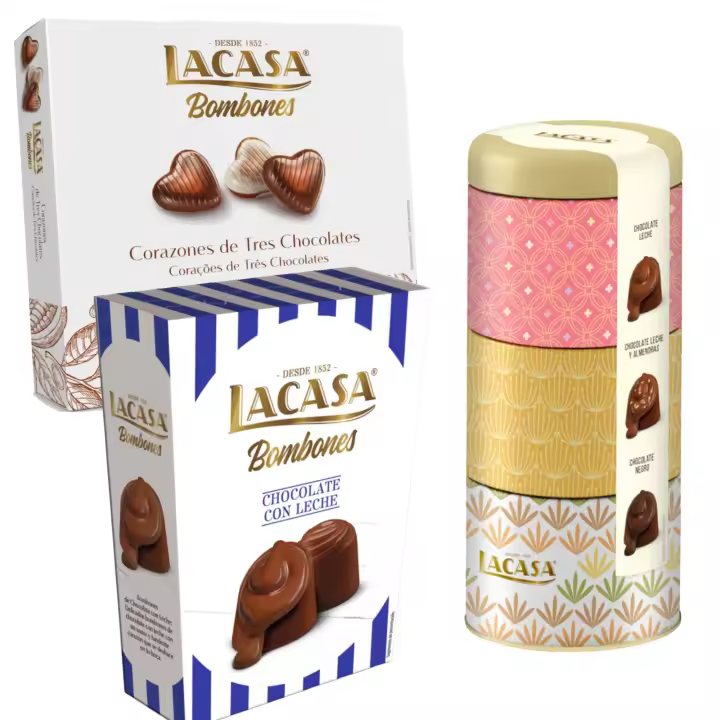 Pack Lacasa bombones chocolate con leche 72 G & bombones surtido lata 180 G & bombones corazón tres chocolates 200 g - 1
