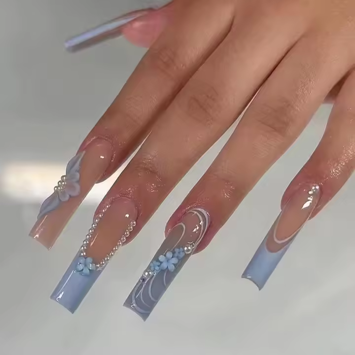 Uñas Postizas Largas En Forma De Cuchillo 24 Piezas Con Patrón Francés Y Flores ABS Cubiertas Por Encima Brillantes Colección De Verano - 1