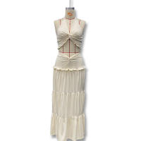 Conjunto Elegante De 2 Piezas Para Mujer Halter Sin Espalda Camisola De Cintura Elástica Con Volantes + Falda Larga De Encaje Sólida Vestido De Noche Para Fiesta Y Vacaciones En La Calle - details 4