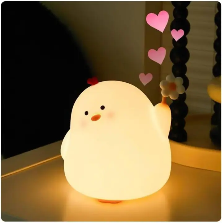 Luz de noche con forma de pollo y flores - Silicona de grado alimenticio - Luz de noche para niños - Lámpara de noche - 3 modos - Regulable - Temporizador - Blanco - 1
