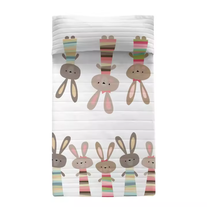 Happyfriday- Rabbit family Colcha, Colchas infantiles 100% Algodón (exterior) 100% Poliéster (relleno), calidad de 150 TC, Fabricado en España - 1