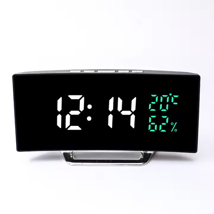 Reloj De Alarma Digital Con Pantalla Curva Mostrador De Tiempo/ Fecha/ Temperatura/Humedad 12/24h 3 Alarmas Ajustable Brillo Reloj De Mesa Europeo - 1