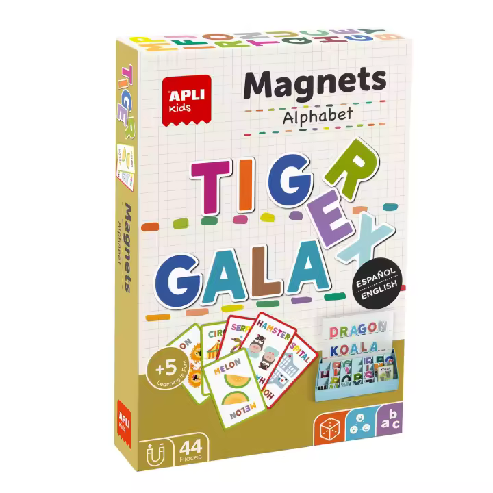 Apli 19443 Juego de Abecedario magnético con tablero y fichas para aprender a escribir hasta 30 palabras en 2 idiomas. Imanes educativos infantiles +5a - 1