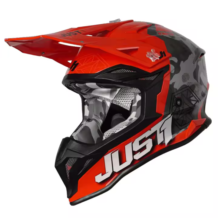 CASCO MOTOCROSS JUST1 J39 KINETIC CAMO GREY RED FLUO ORANGE - 1