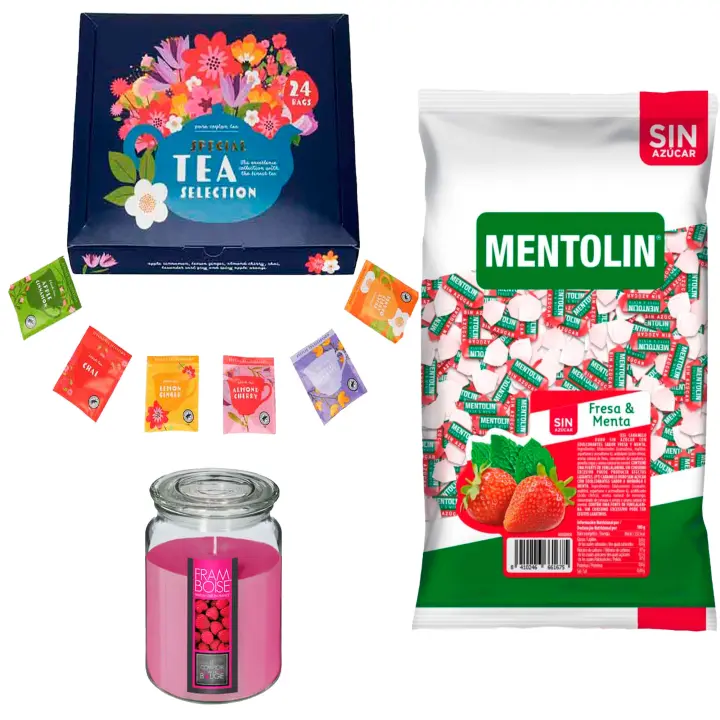 Pack surtido: MENTOLIN FRESA MENTA S/A BOLSA 1KG + Vela perfumada de frambuesa + Set de Te con 24 bolsitas con diferentes sabores y aromas - 1