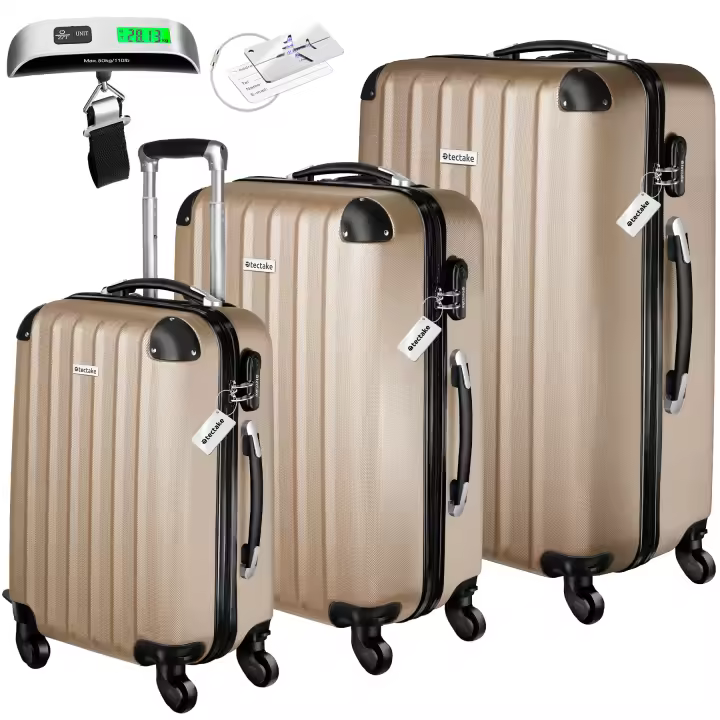 TECTAKE - Juego de 3 maletas de viaje TALIA, Báscula integrada, Etiquetas de equipaje, ABS, Mango telescópico, Maleta grande, Maleta mediana, Maleta de cabina, Ruedas giratorias 360° y extraíbles, Espacio interior divisible, Cerraduras de combinación - 1