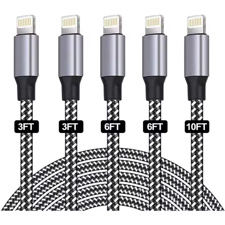 Cable cargador para iPhone, certificado SANYEYE MFi [paquete de 5, 3/3/6/6/10 pies] Cable de carga rápida de nailon trenzado con conector de metal para iPhone 12/11/Pro - 1