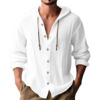 Camisa Casual Para Hombre De Color Sólido Con Capucha Y Cuerda Ajustable De Algodón Y Lino Estilo High Street Top Versátil Para El Día - details 4