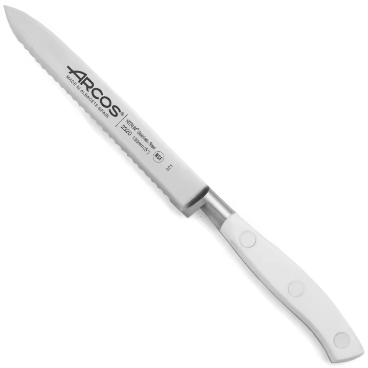 ARCOS Riviera Blanc - Cuchillo Tomatero (130 mm) - Hoja de Acero Inoxidable Forjado Nitrum® - Mango Blanco de Polioximetileno (POM) - 1