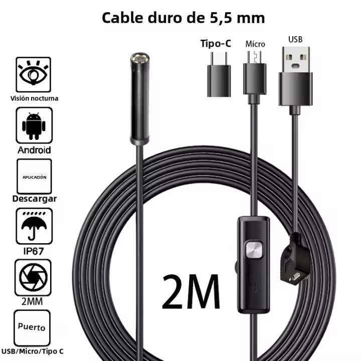Cámara De Endoscopio Flexible Y Impermeable Mini Para Móvil Con Línea Ajustable De 2M Clase MM Herramienta Industrial - 1