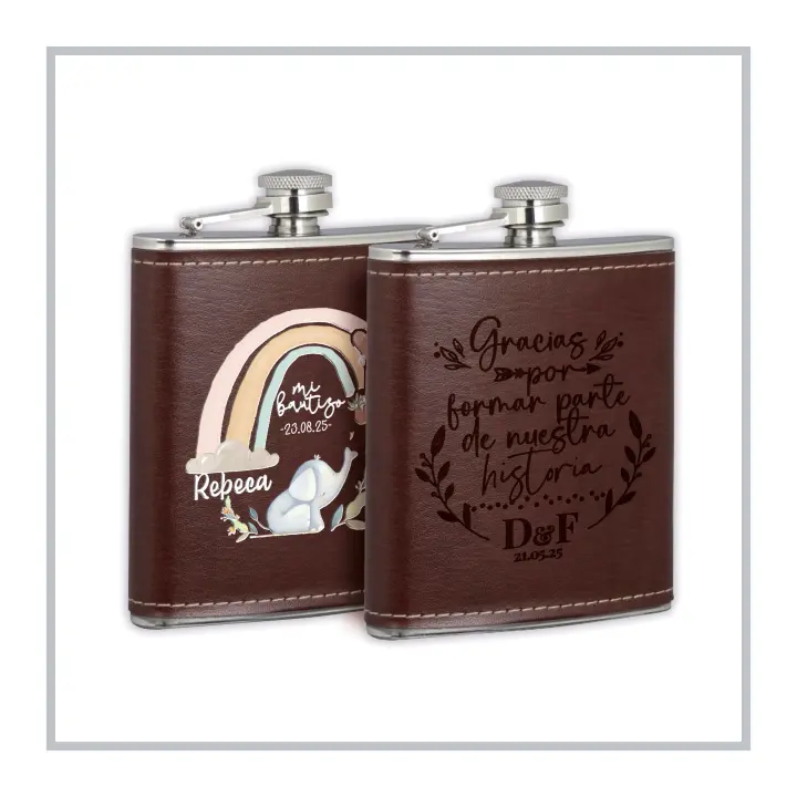 RegaloVip.es - Pack Petaca de Polipiel Marrón, regalos para comuniones, regalos bautizos, regalos bodas, regalos del día del padre, regalos únicos, regalos para aventureros, regalos de amigos. - 1
