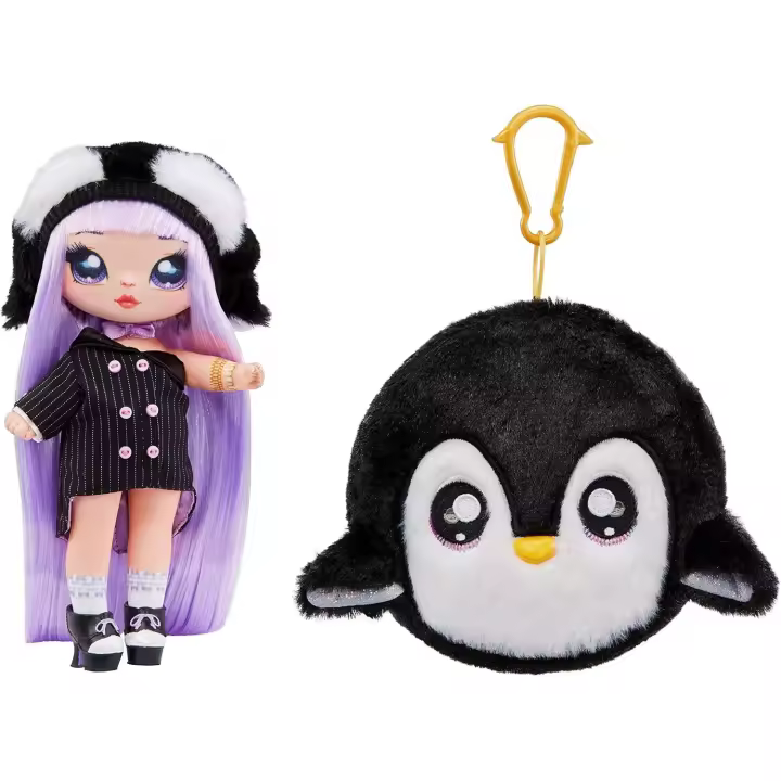 MGA muñeca Na! Na! Na! Surprise Serie Cozy - ISLA WADDLES - Muñeca de peluche a la moda inspirada en un pingüino, con pelo morado, gorro, vestido y monedero con clip - + 5 años - 1