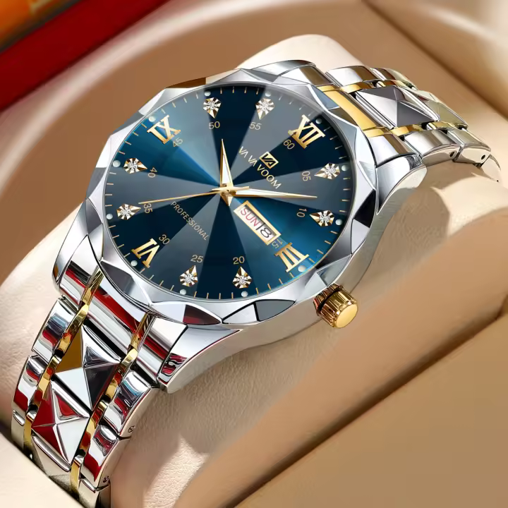 Reloj De Hombre 2024 Moda Nueva Con Rivet Correa De Acero Inoxidable Dial Azul Dorado Luminoso Diamante Agua Resistente Reloj De Negocios - 1