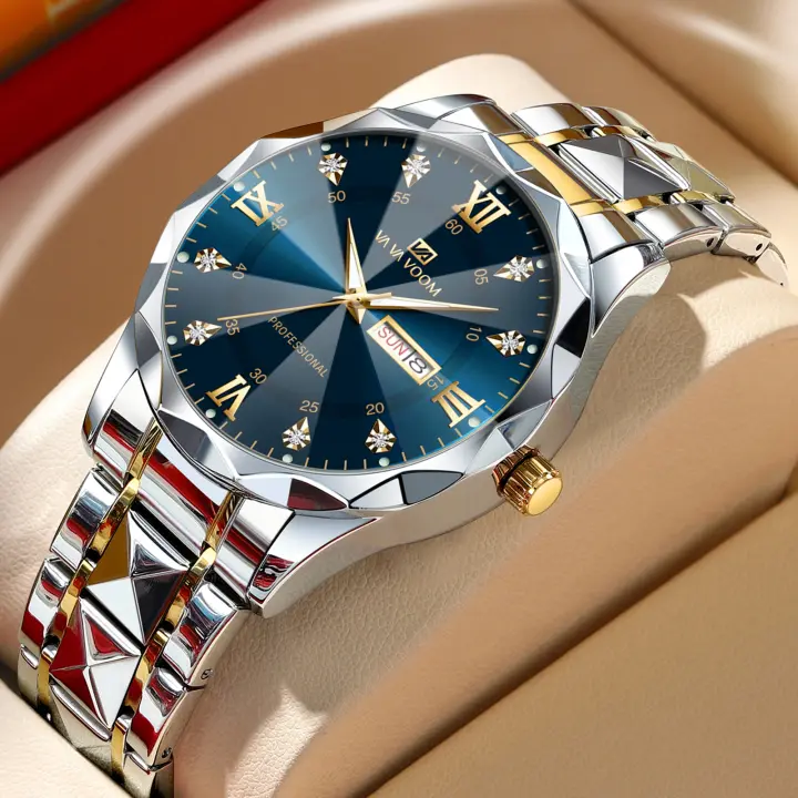 Reloj De Hombre 2024 Moda Nueva Con Rivet Correa De Acero Inoxidable Dial Azul Dorado Luminoso Diamante Agua Resistente Reloj De Negocios - 1