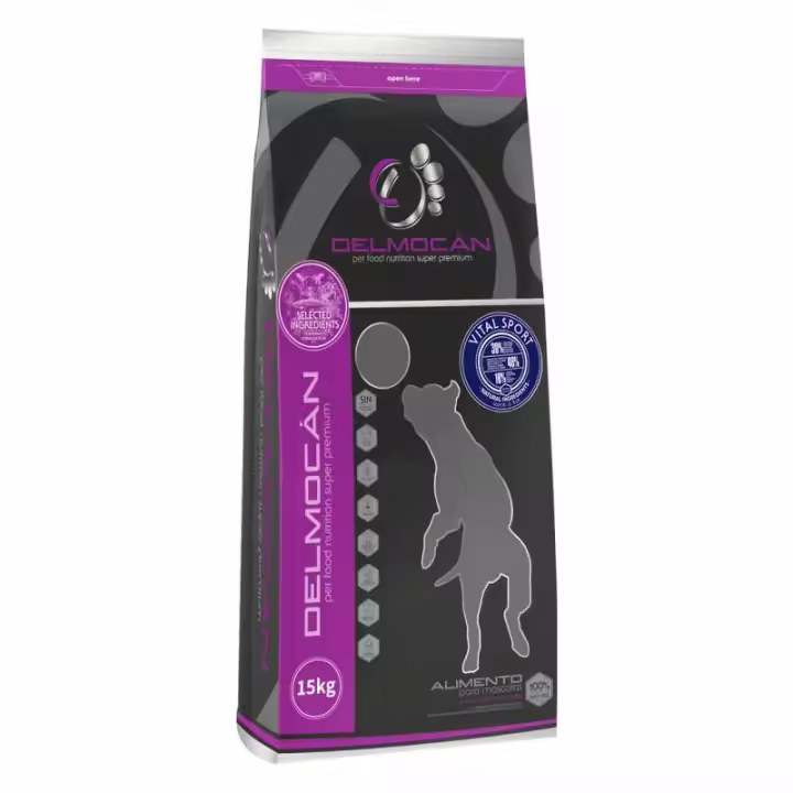 Pienso natural para perros DELMOCAN VITAL SPORT (Cordero y Arroz) 48% Productos cárnicos - Saco 15 kg - Alimentación seca y saludable para perros activos - 1