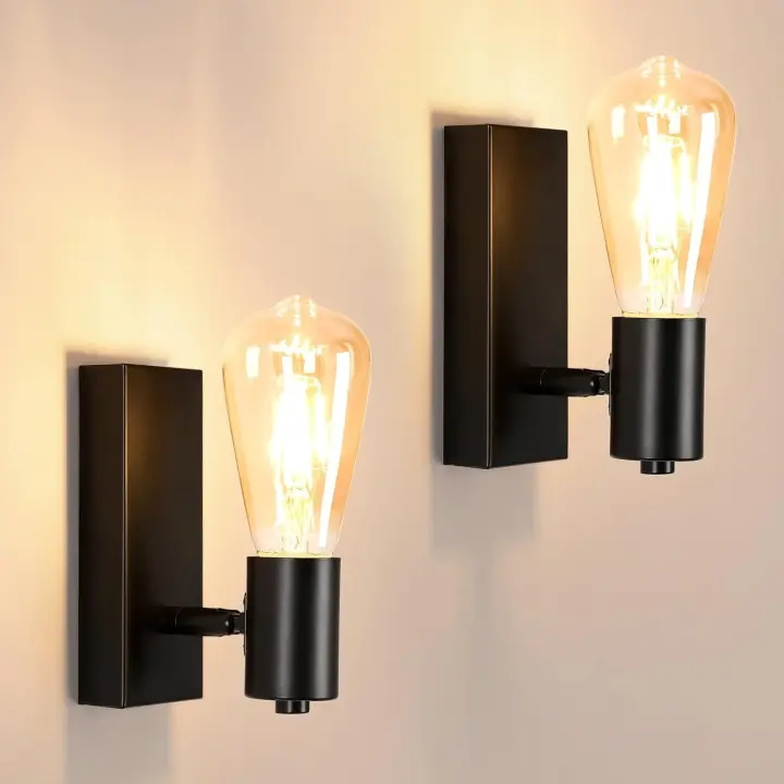Lote de 2 apliques de pared industriales para interiores, foco de pared vintage E27 ajustable 90° o 360°, lámpara de pared de metal negro retro para sala de estar, dormitorio, cocina, escalera, pasillo [Clase energética E] - 1