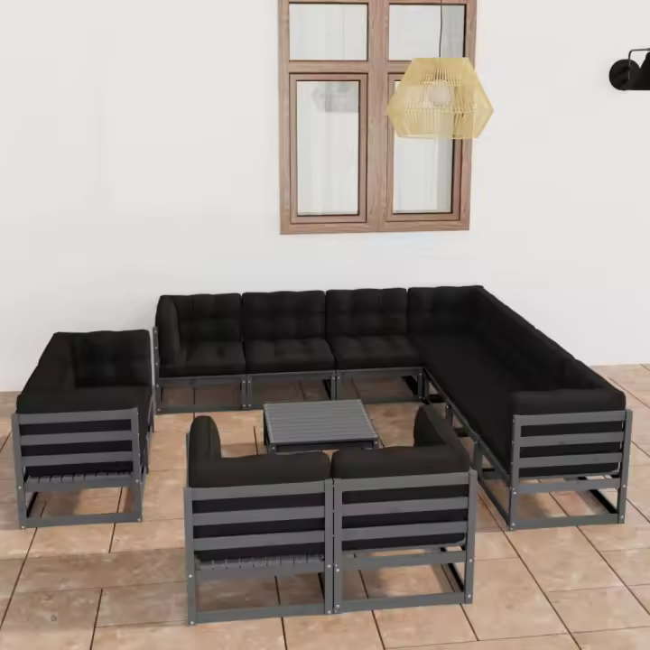 vidaXL Set de muebles de jardín 12 pzas con cojines madera pino gris - 1