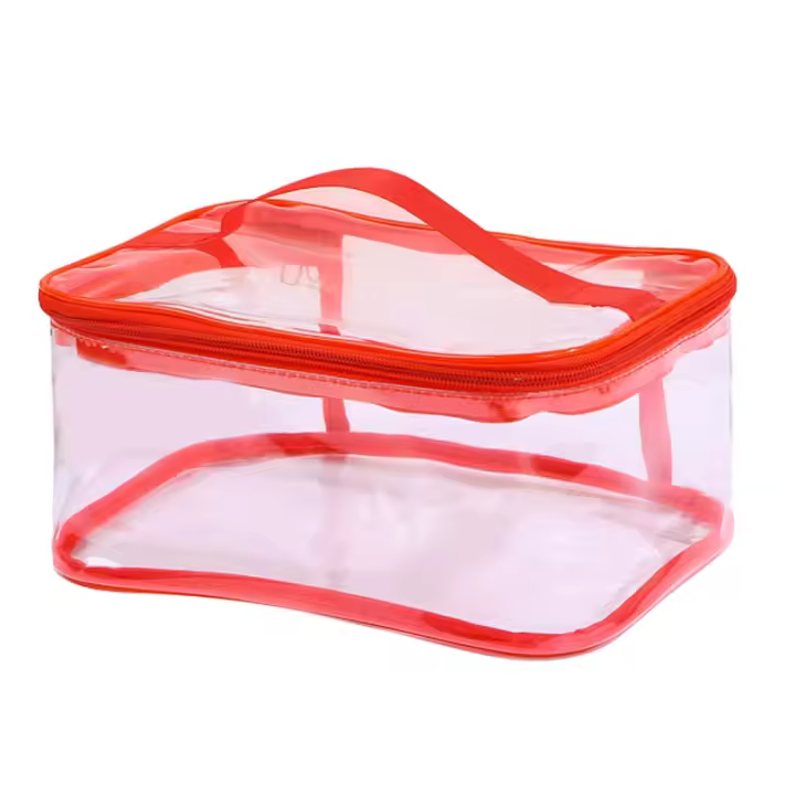 Neceser de maquillaje transparente, portátil, impermeable, transparente, para viaje, gran almacenamiento, color rojo - 1