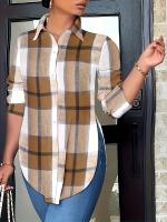 Camisa Larga De Manga Para Mujer Talla Grande Con Cuello En V Estampado a Cuadros Casual Suéter Suave De Poliéster - details 0
