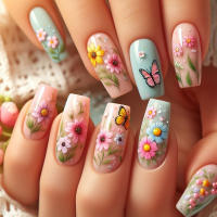 24pcs/set Uñas Postizas Largas Medias Falsas De Cuadrado Ballet Con Flores Y Mariposa Azul Verde Para La Temporada De Primavera Y Verano - details 44