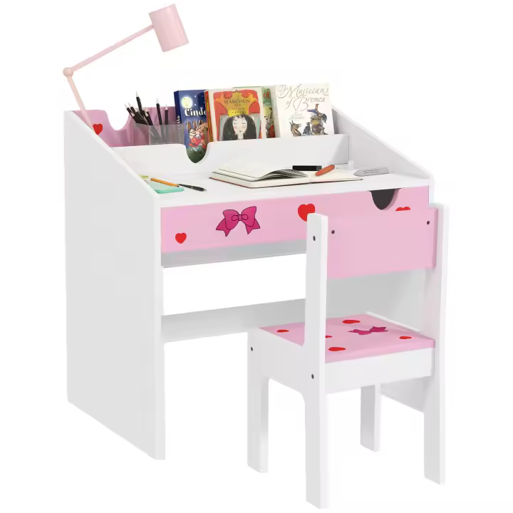 AIYAPLAY Juego de Escritorio y Silla para Niños de +3 Años Pupitre Infantil con Cajón Extraíble y Compartimento para Dormitorio Sala Estudio Rosa y Blanco - 1