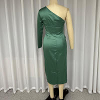 Vestido Midi Mujer Elegante De Verano Con Hombro Descubierto Y Abertura En La Cintura Verde Slim Con Abertura Lateral Para Calle - details 3