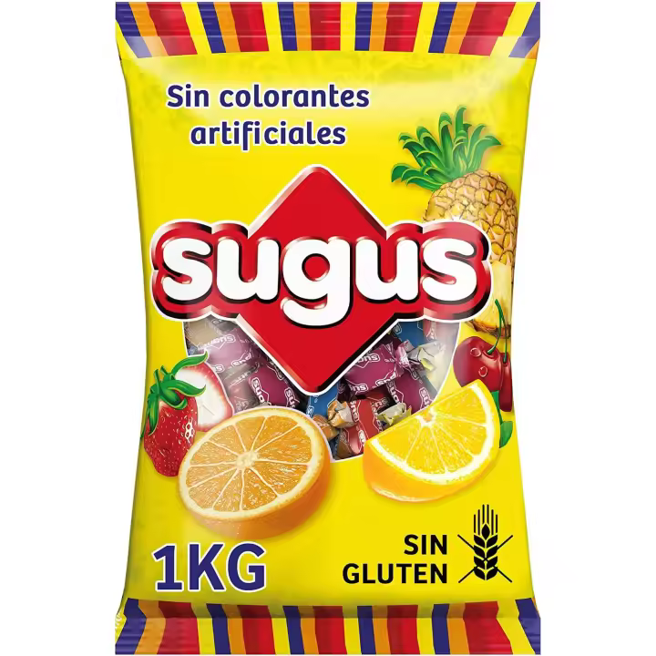 Sugus 1 kg - Caramelo Masticable a Base de Zumo de Frutas (Naranja, Piña, Limón, Fresa y Cereza) Caja de 8 paquetes de 1 kg. - 1