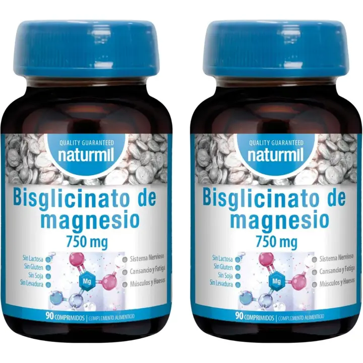 Paquete de 2 Botes de Bisglicinato de Magnesio Naturmil 750mg - 90 comprimidos. ¡Suplemento de calidad para mejorar tu bienestar! - 1