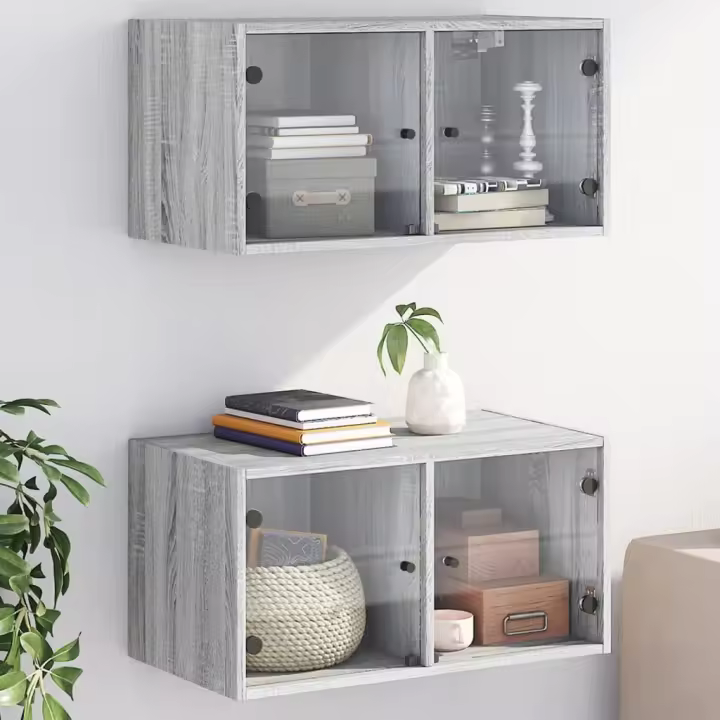 vidaXL Mueble pared puertas de vidrio 2 uds gris Sonoma 68,5x37x35 cm - 1