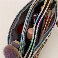 Bolso De Maquillaje Para Mujer En Amarillo Con Patrón De Leopardo Caja De Cosméticos De Tres Capas Bolso De Viaje Monedero Pequeño De Nylon Estilo Fashion - details 5