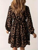 Vestido Largo De Manga Larga Con Estampado Leopardo Para Mujer Estilo Casual Europeo Y Americano Cuello En V Longitud De Rodilla - details 3