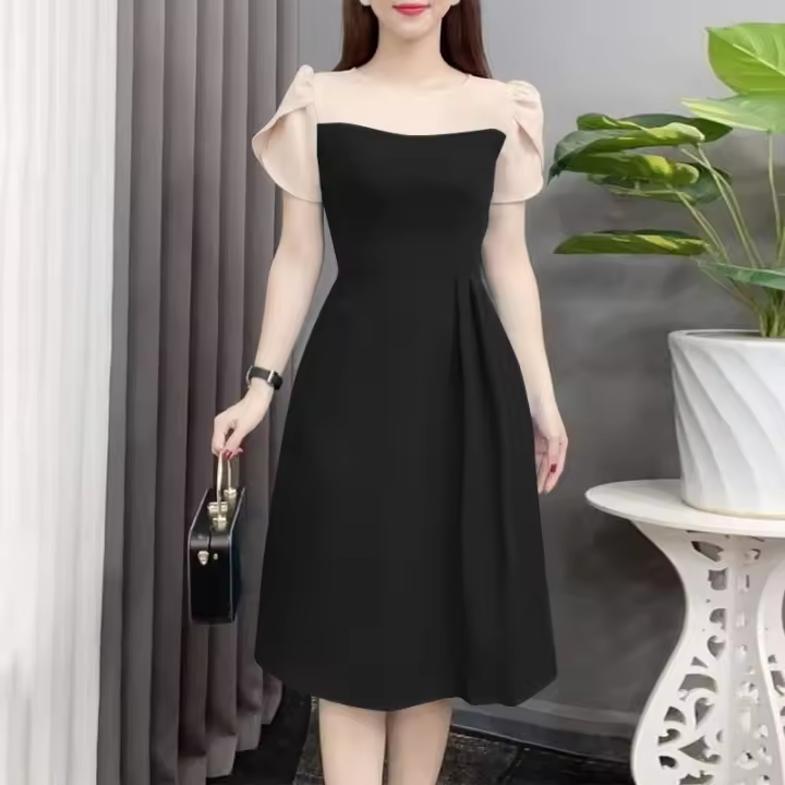 Vestido Elegante Para Mujer ZANZEA Verano 2024 Cintura Ajustada Patchwork Cuello Redondo Manga Corta Estilo Vintage Traje De Oficina - 1