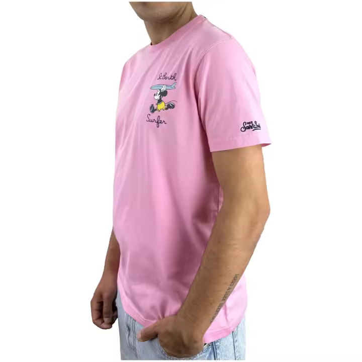 Camiseta MC2 SAINT BARTH Mickey Surfer con Logo Bordado en el Pecho Color Rosa - 1