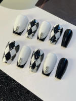 10pcs Uñas Postizas De Prensa En Blanco Y Negro Con Patrón De Cuadros Para Uso Diario En La Oficina Kit De Uñas Artificiales Hechas a Mano Material ABS - details 2