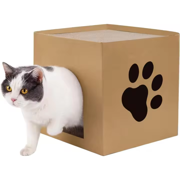 Rascador de cartón para gatos, casa de cartón con almohadillas para rascar, escondite para gatitos, conejos y pequeños animales. - 1