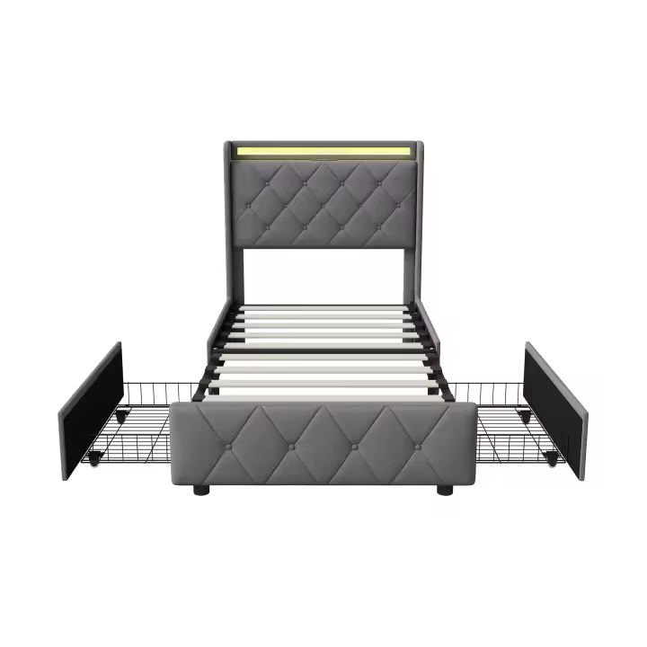 Cama individual 90×200 cm con cabecero acolchado, iluminación LED RGB, puerto USB y Type‑C, 2 cajones de almacenamiento móvile - 1