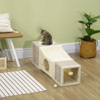 PawHut Túnel para Gatos de Interior Tubo de Juguete para Gatos Plegable con Múltiples Entradas Casetas de Sisal y Bola Colgante 98x30x30 cm Crema - details 1