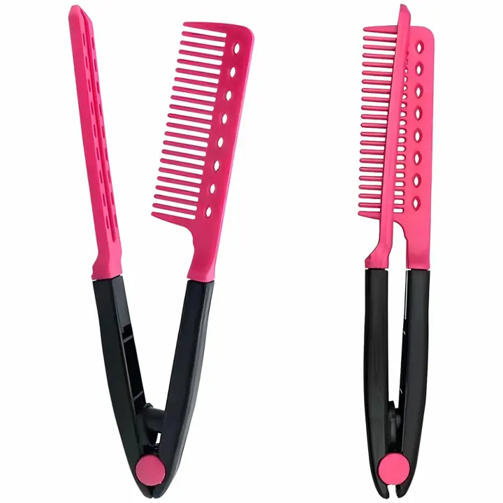 Juego de peine para enderezar El Cabello, paquete de 2 peines de Hierro Plano para Cabello Hermoso, peine para enderezar El Cabello con agarre de firma, Rosa - 1