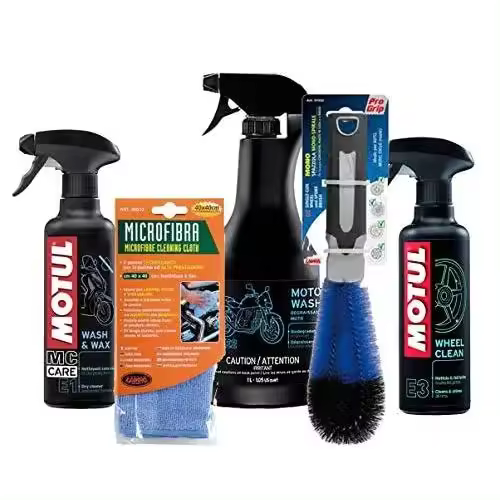 Motul - Kit de limpieza de moto y scooter E1+ E2+ E3+ gamuza de microfibra + cepillo para limpiar las llantas - 1