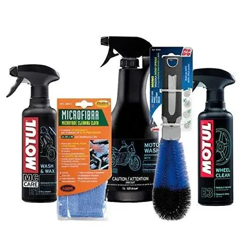 Motul - Kit de limpieza de moto y scooter E1+ E2+ E3+ gamuza de microfibra + cepillo para limpiar las llantas - 1